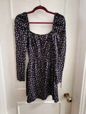 H&M Divided Black & Purple Ditsy Floral Smocked Mini Dress - Size Medium